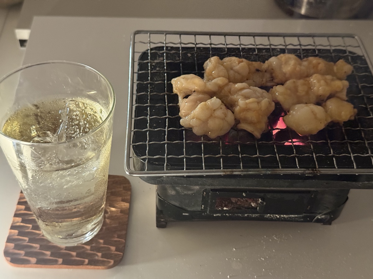 ミニ七輪を横から見たところ。網のすぐ下で炭が赤く光っている